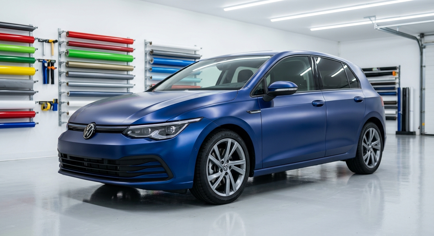 Golf-style hatchback wrapped in Midnight Blue