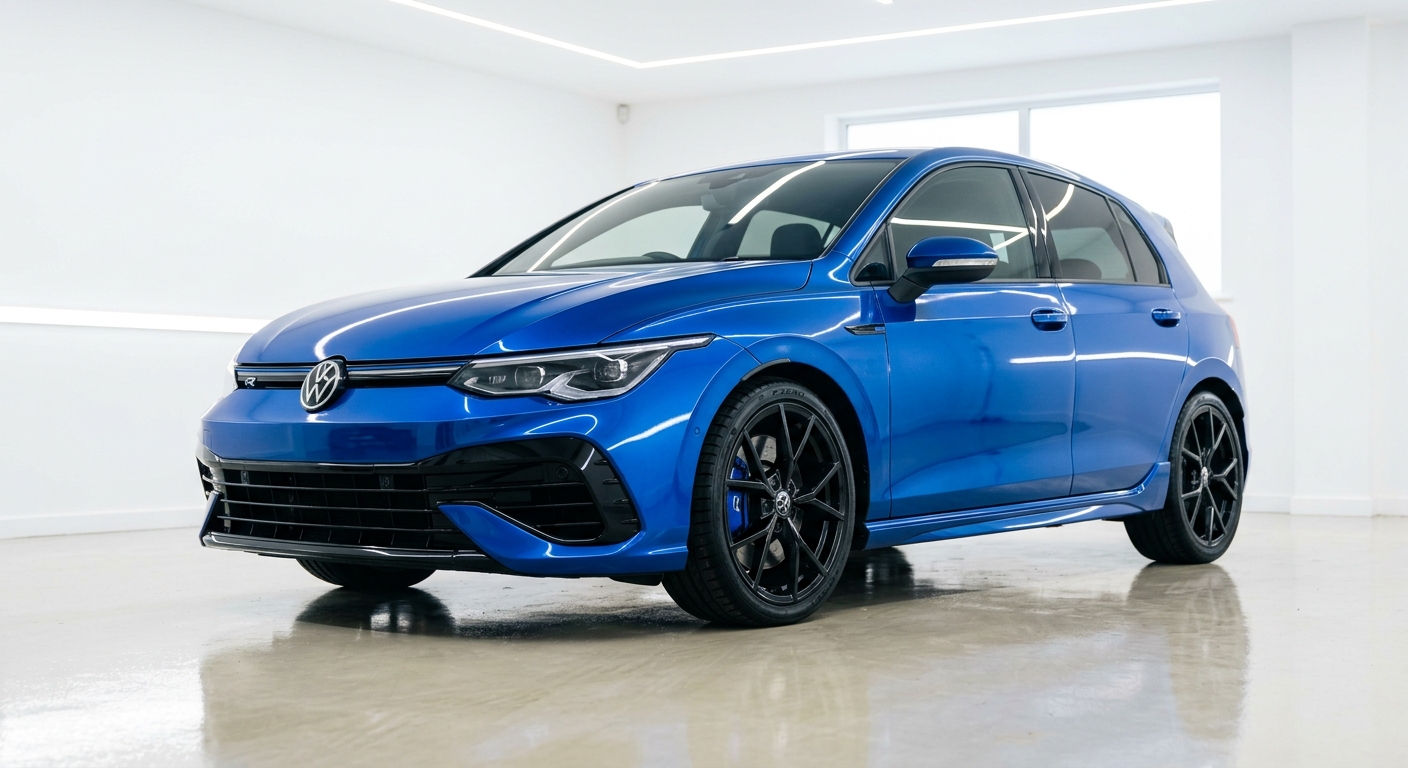 Volkswagen Golf R wrapped in gloss metallic blue vinyl