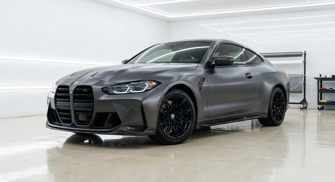 BMW M4 wrapped in satin dark grey vinyl in the studio